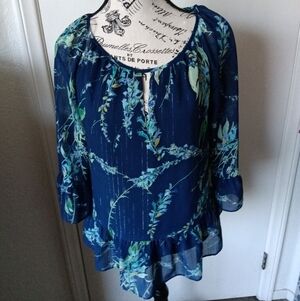 St. John's Bay Flowy Navy Floral 3/4 Ruffle Sleeve Blouse